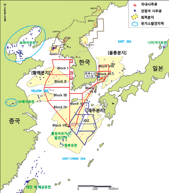 국내 대륙붕 광구도 및 주변해역 유·가스전. <산업통상자원부 제공>